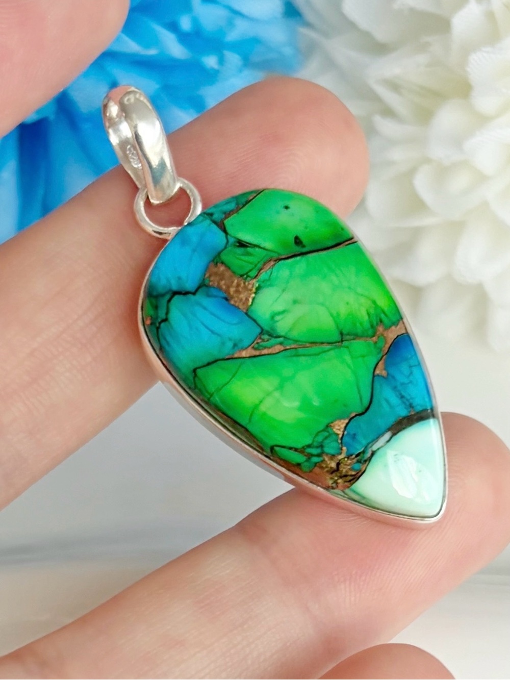 Pure Sterling Silver 925 Genuine Peacock Dahlia Turquoise Pendant Green Blue New